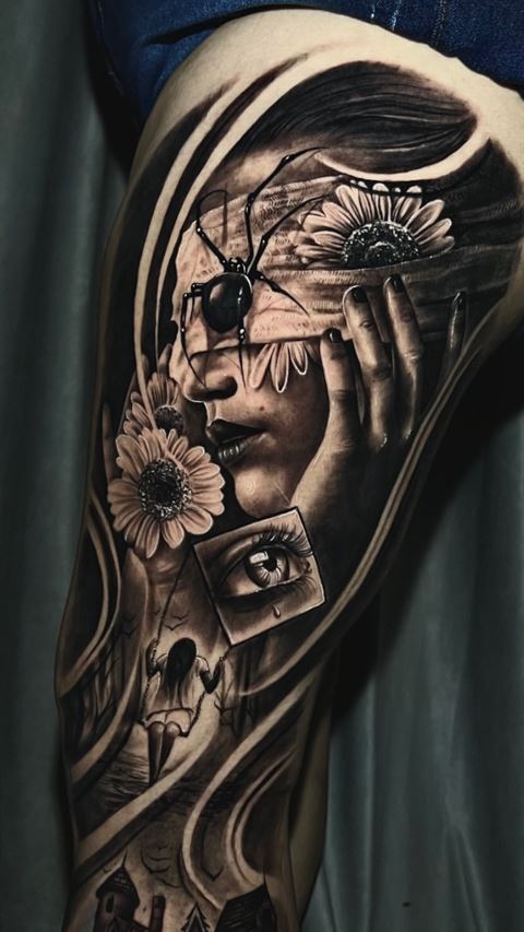 Coxa: retrato de mulher com aranha, girassóis e olho